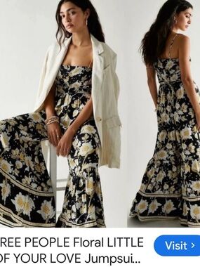 Free People Black Floral Smocked Jumpsuit with Yellow Accents